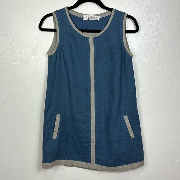 AB NAHLIK Linen Blue Sleeveless Round Neck Contrast Trim Shift Mini Dress Size S - Picture 1 of 7